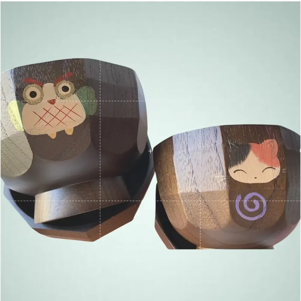 Acacia Wood Footed Rice Soup 4 Bowls Owl And Cat Graphics W/2 Small Spoons